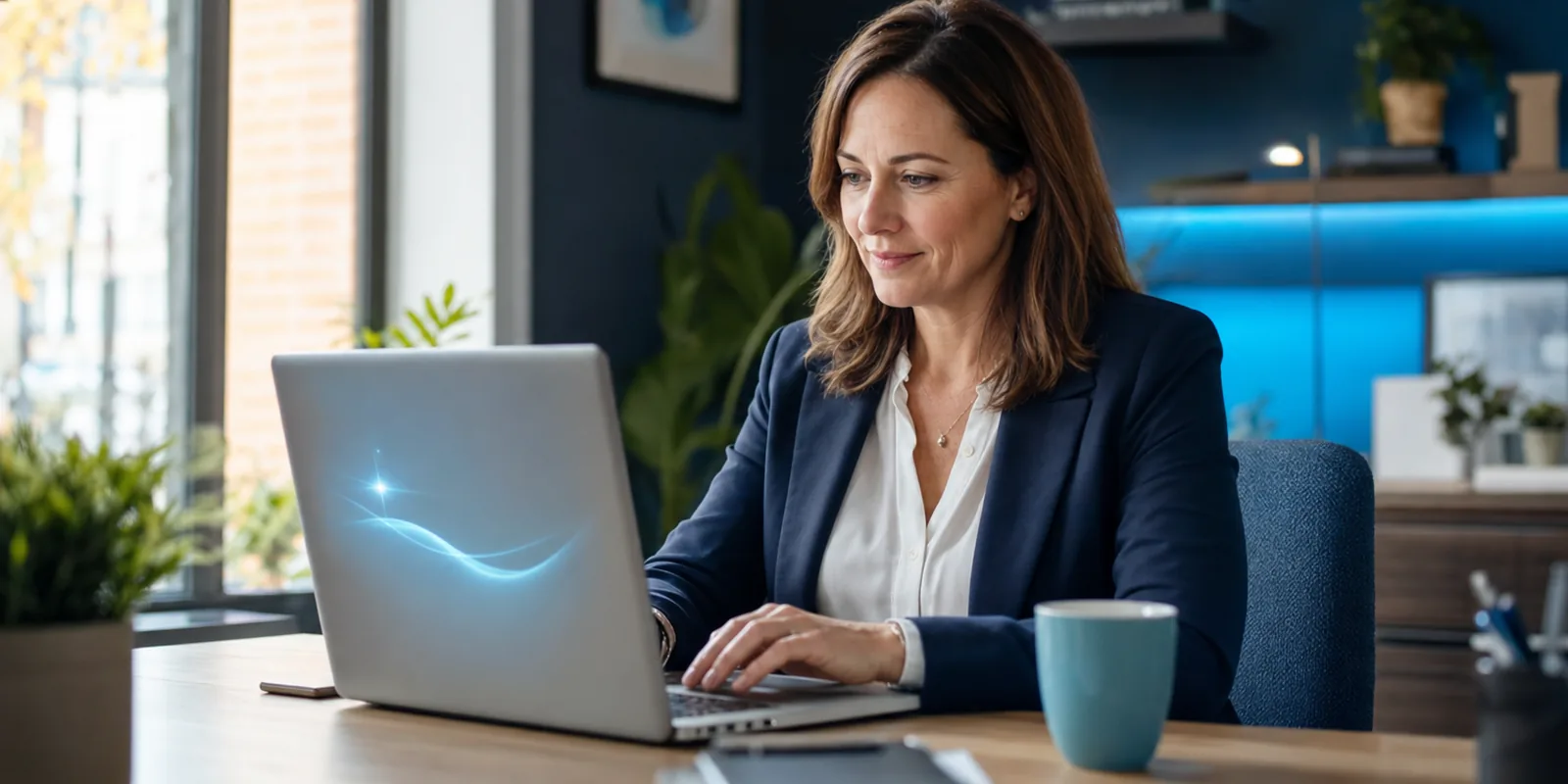 A small business owner using AI tools to save time at work