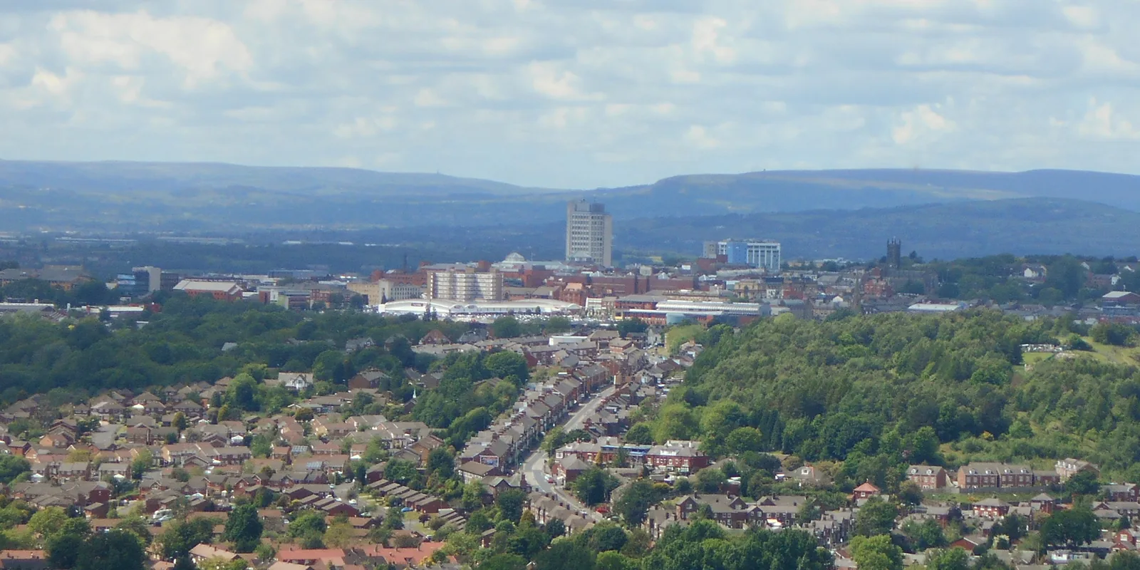 Oldham town and Pennine hills