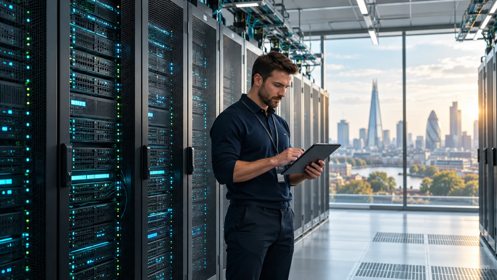 IT engineer using a tablet beside server racks