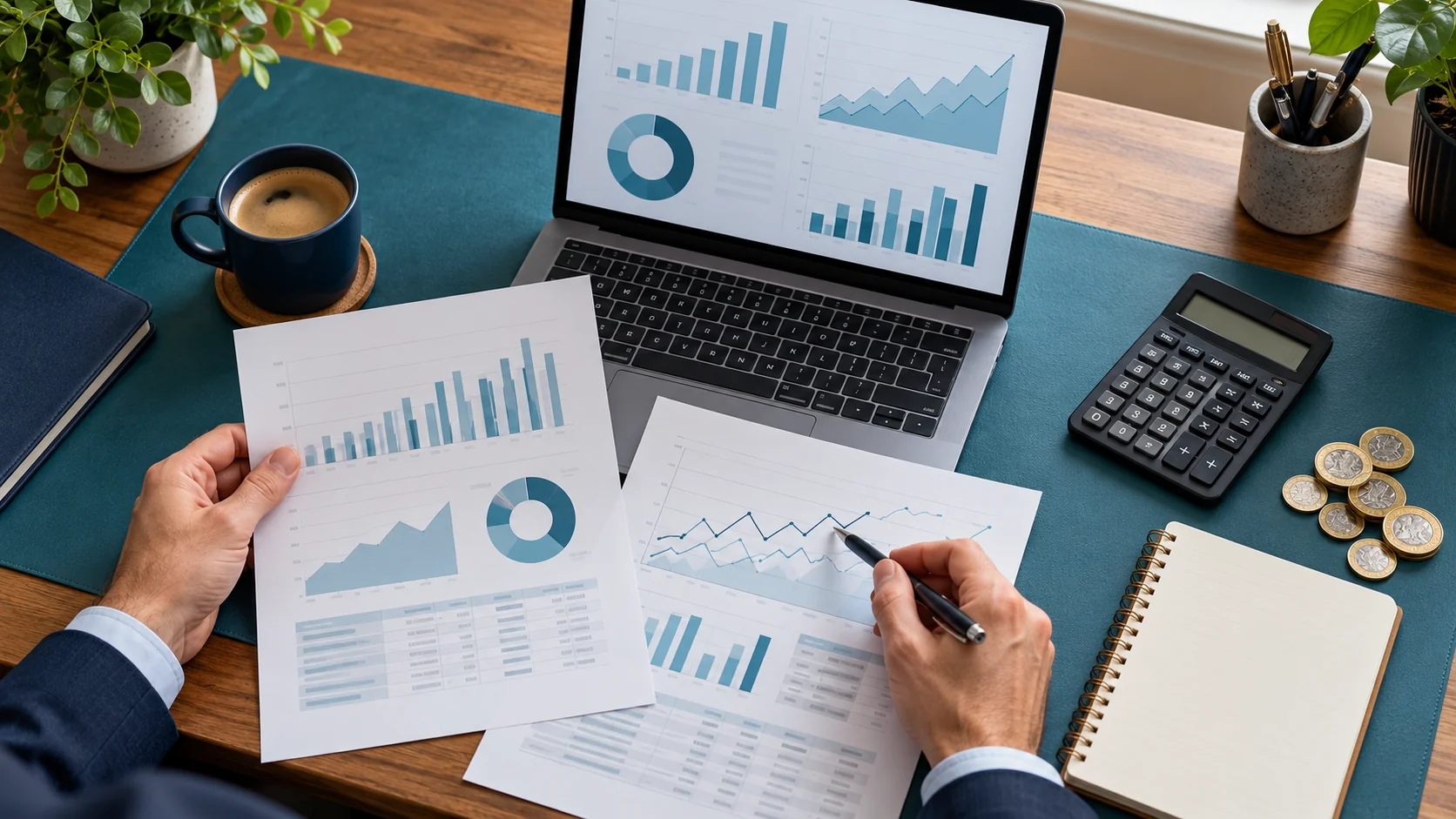 Business owner reviewing financial charts beside a calculator and pound coins
