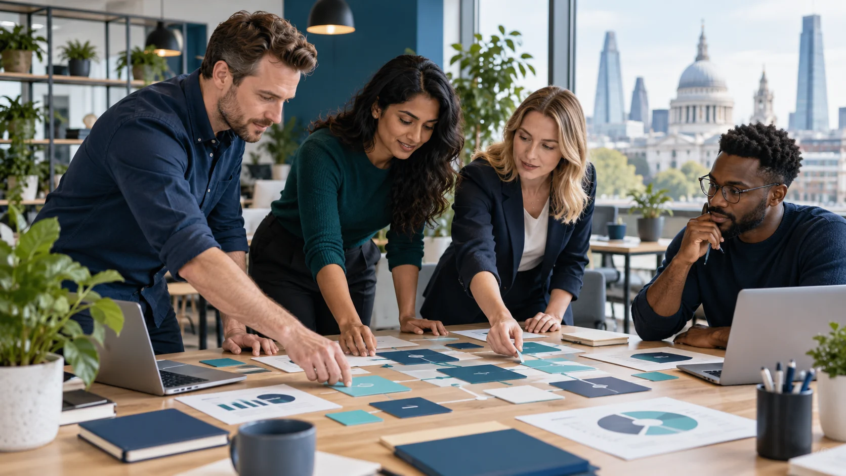 Business team planning a workflow together around a table