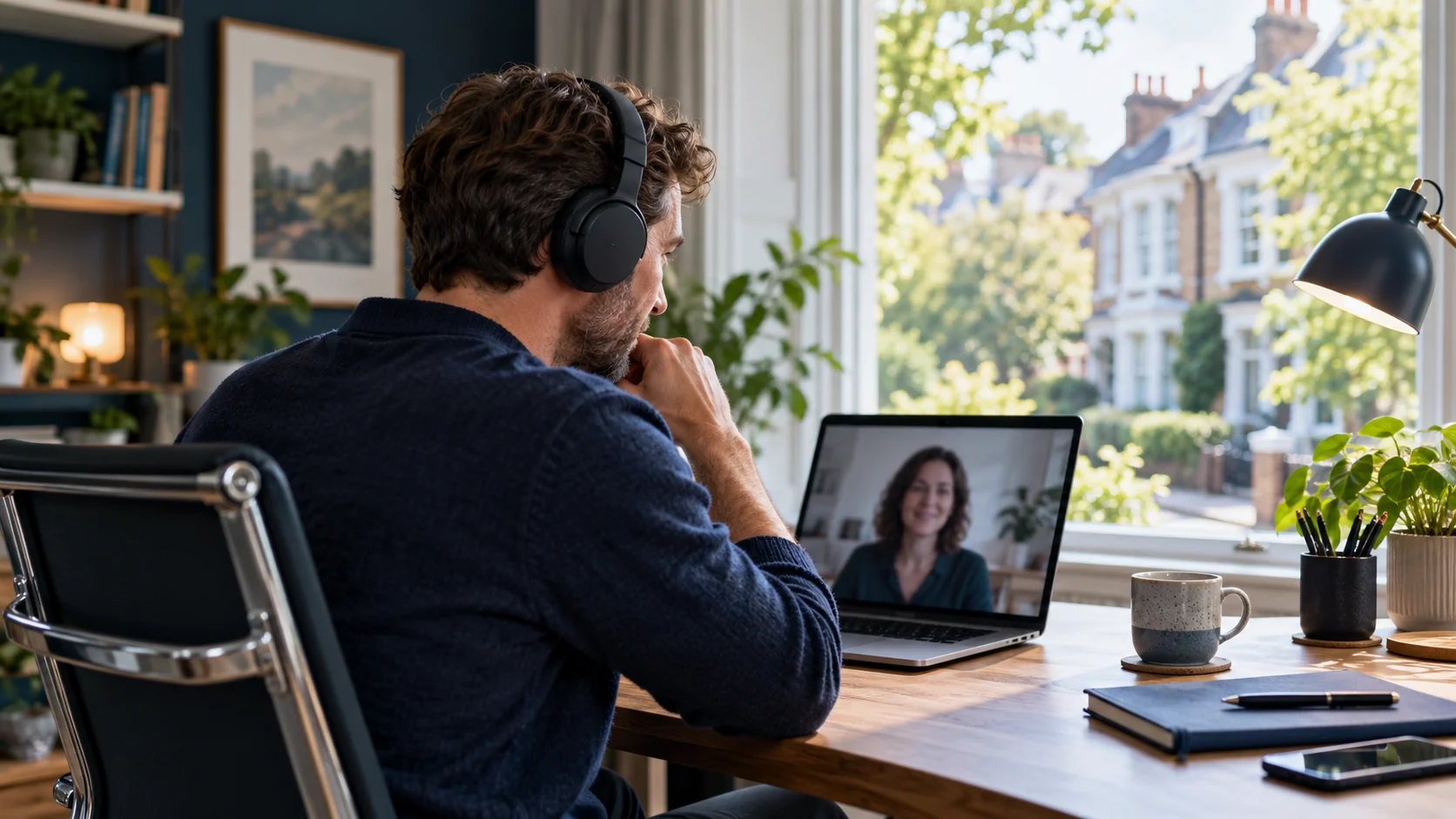 Remote worker taking a video call from a home office