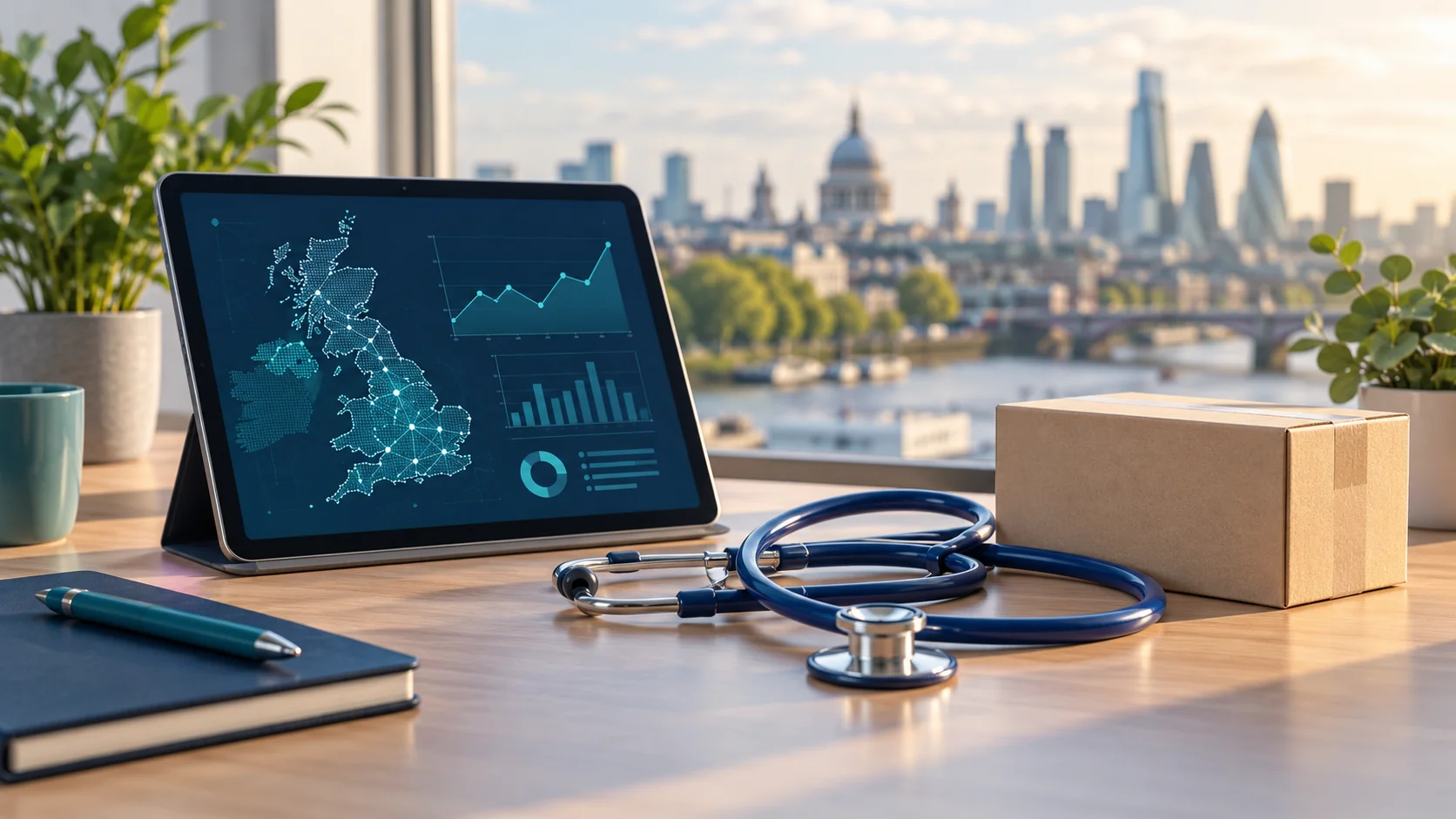 Tablet, stethoscope and parcel illustrating healthcare and ecommerce technology
