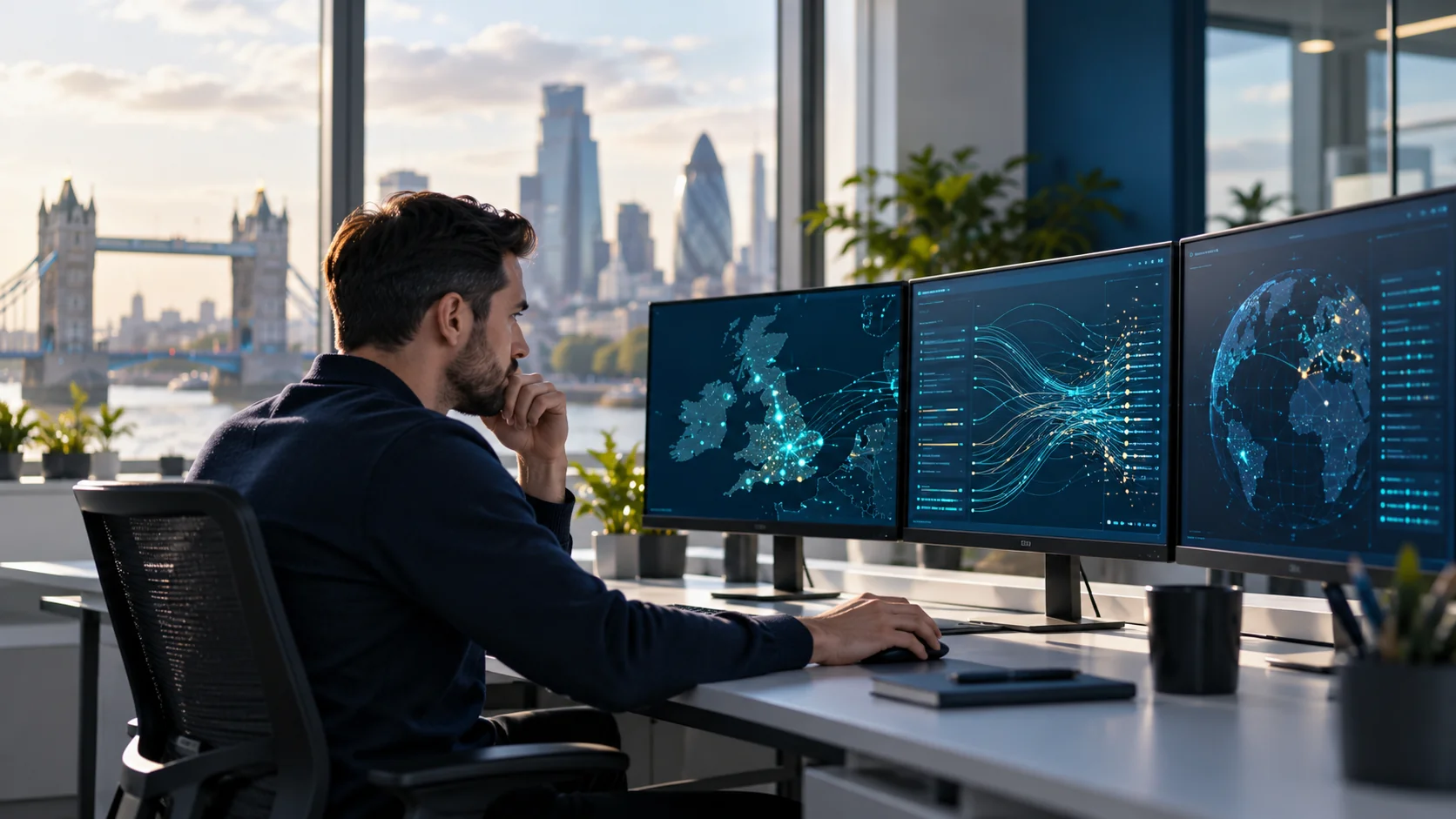 IT analyst reviewing network displays at a workstation