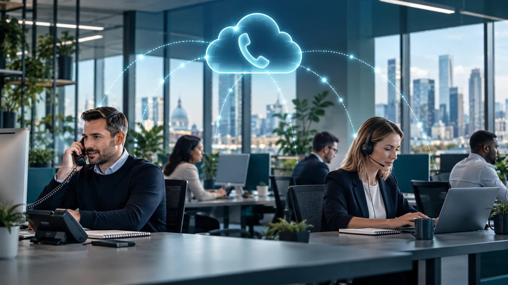 Abstract navy background representing cloud business phone systems