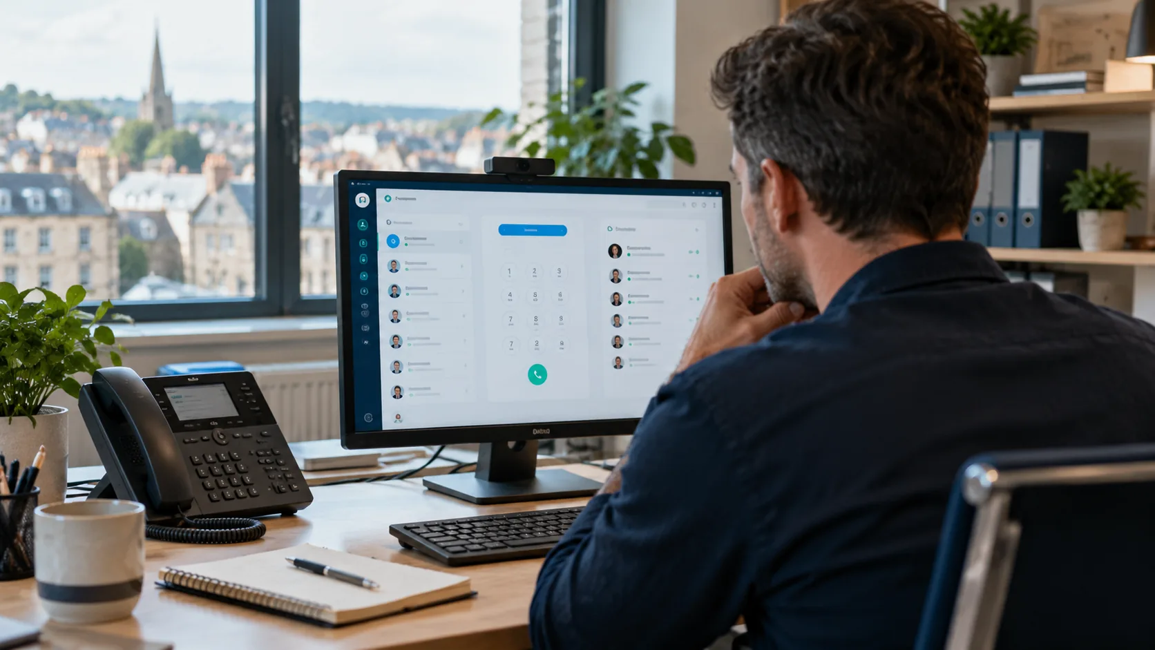 Business owner reviewing a digital phone system