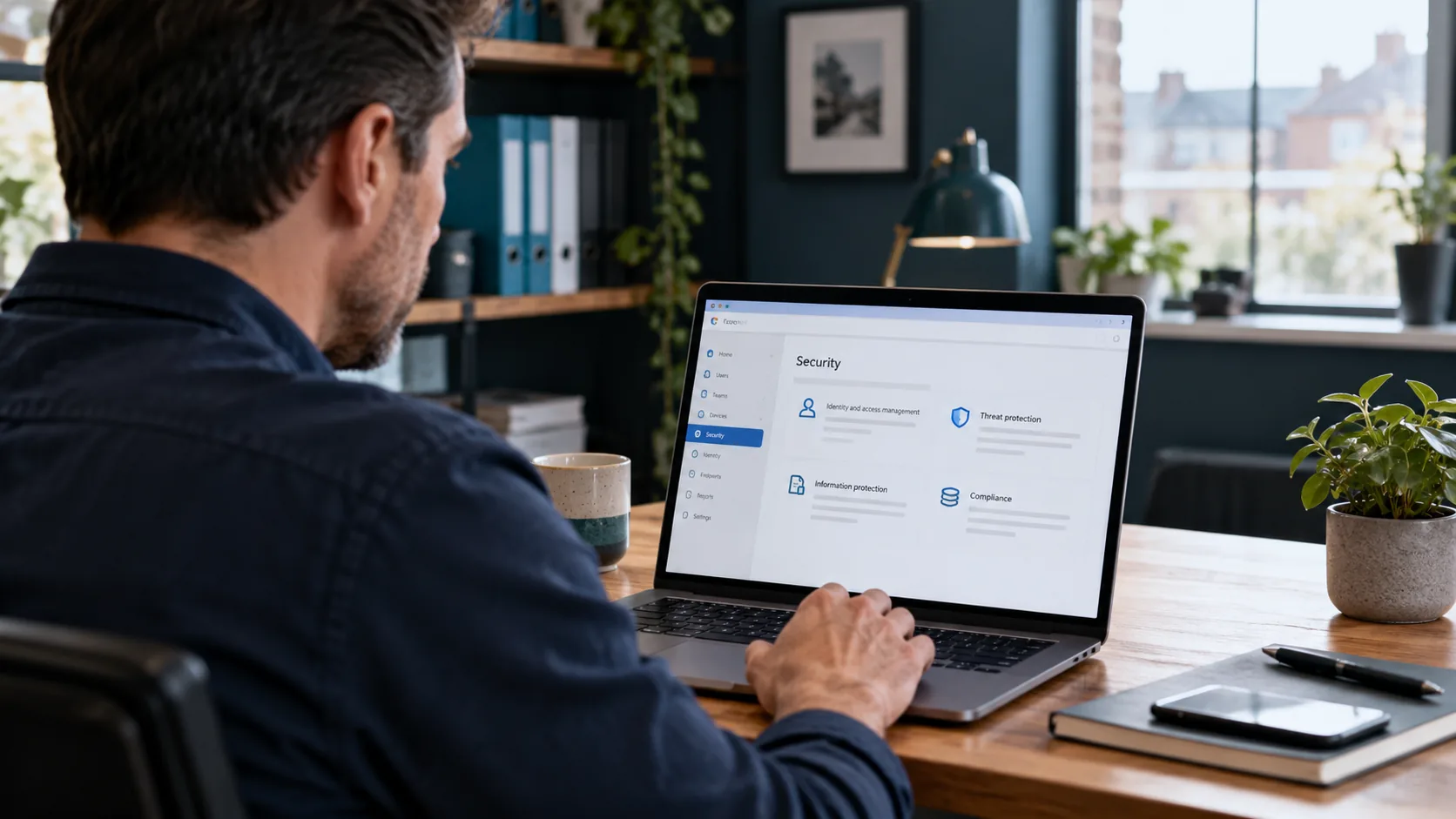 Small business owner reviewing Microsoft 365 security settings on a laptop