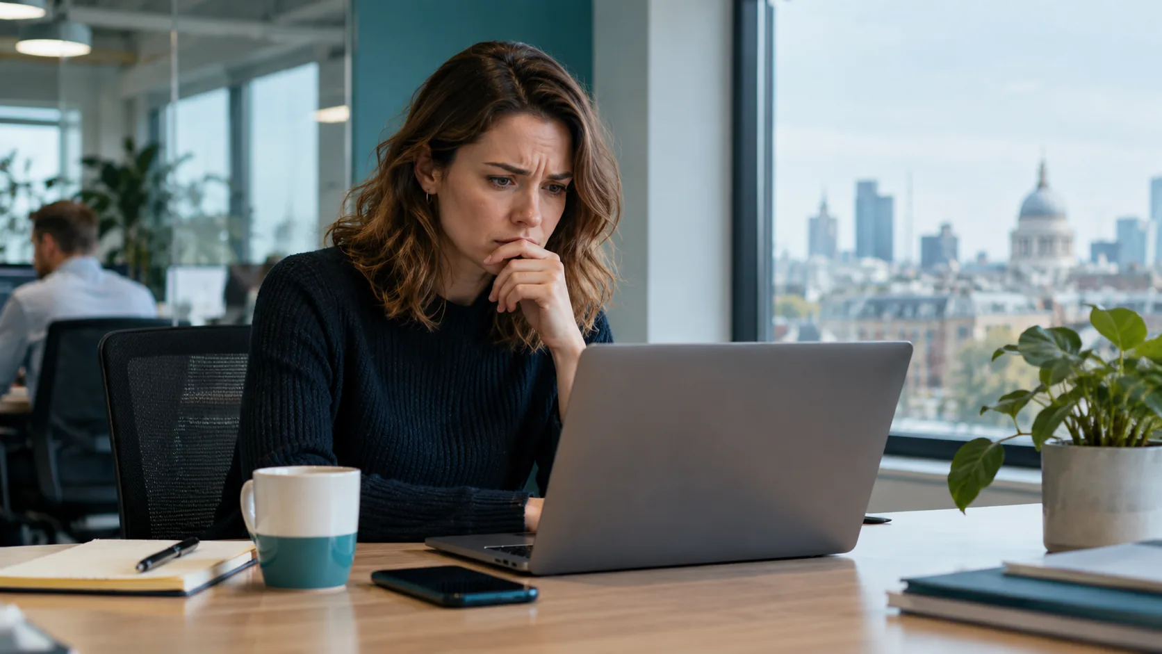 Office employee examining a laptop with a concerned expression