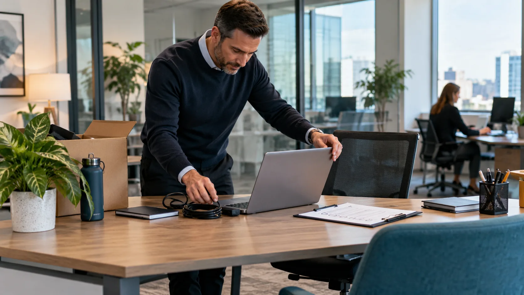 Manager preparing a laptop and security checklist for a new employee