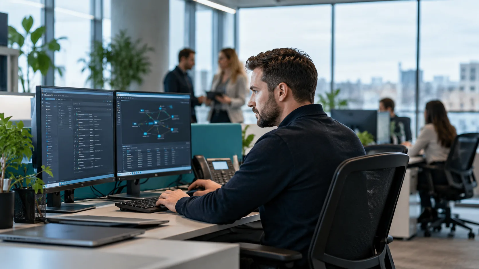 An IT support professional helping a client at their workstation