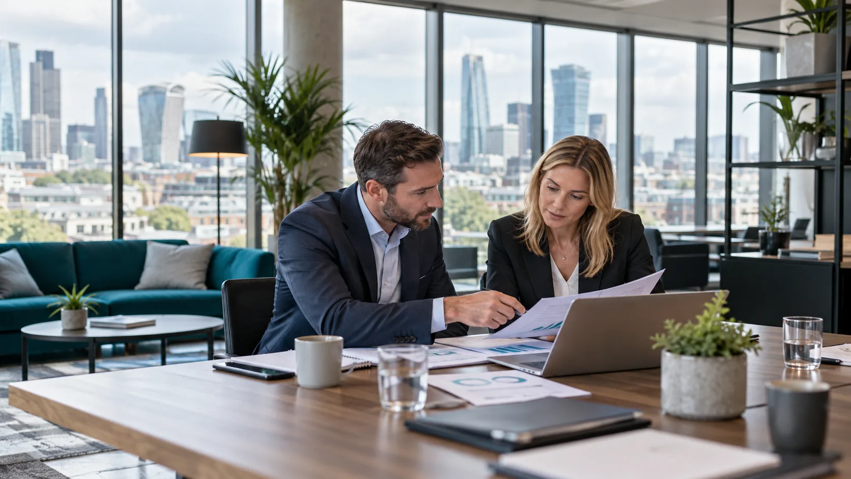 Two business professionals reviewing documents together