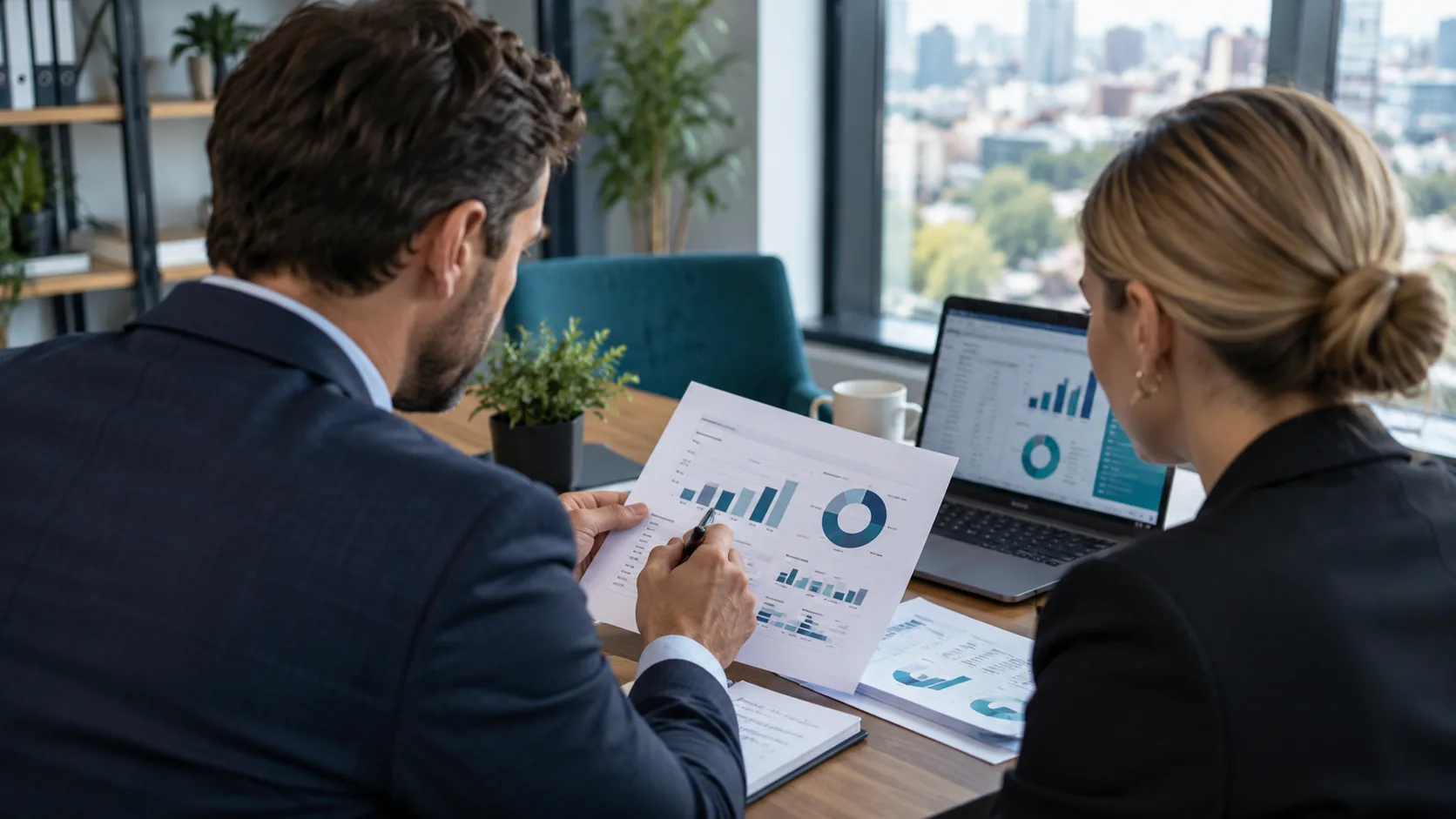 Two business professionals reviewing documents together