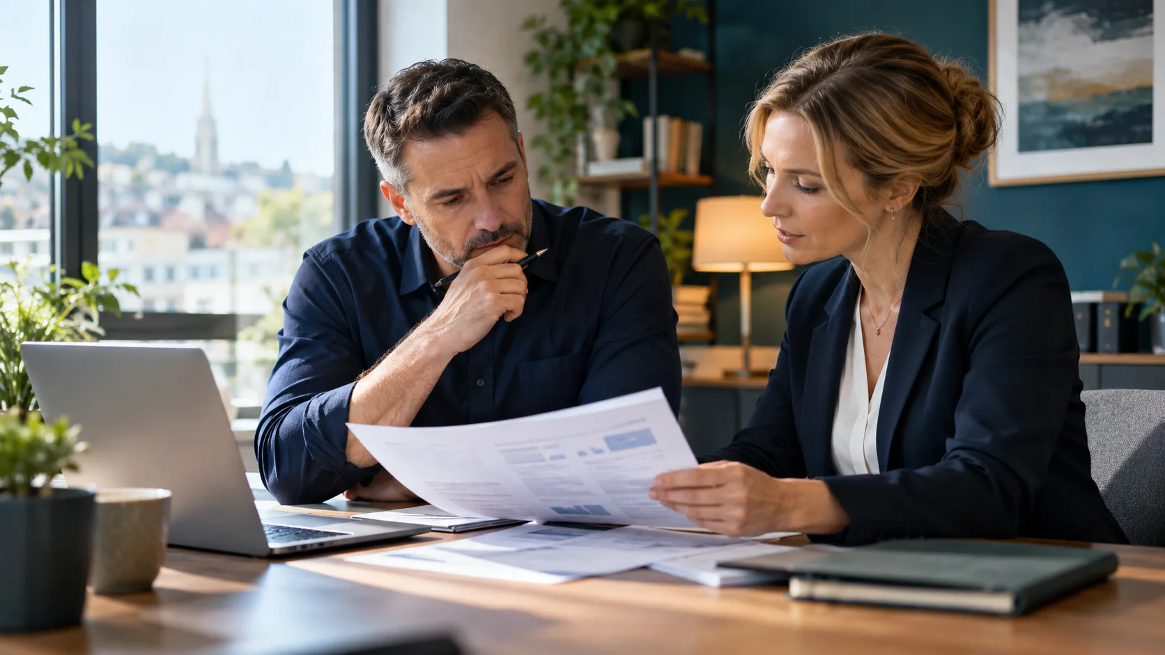 Business owner reviewing cyber security insurance documents
