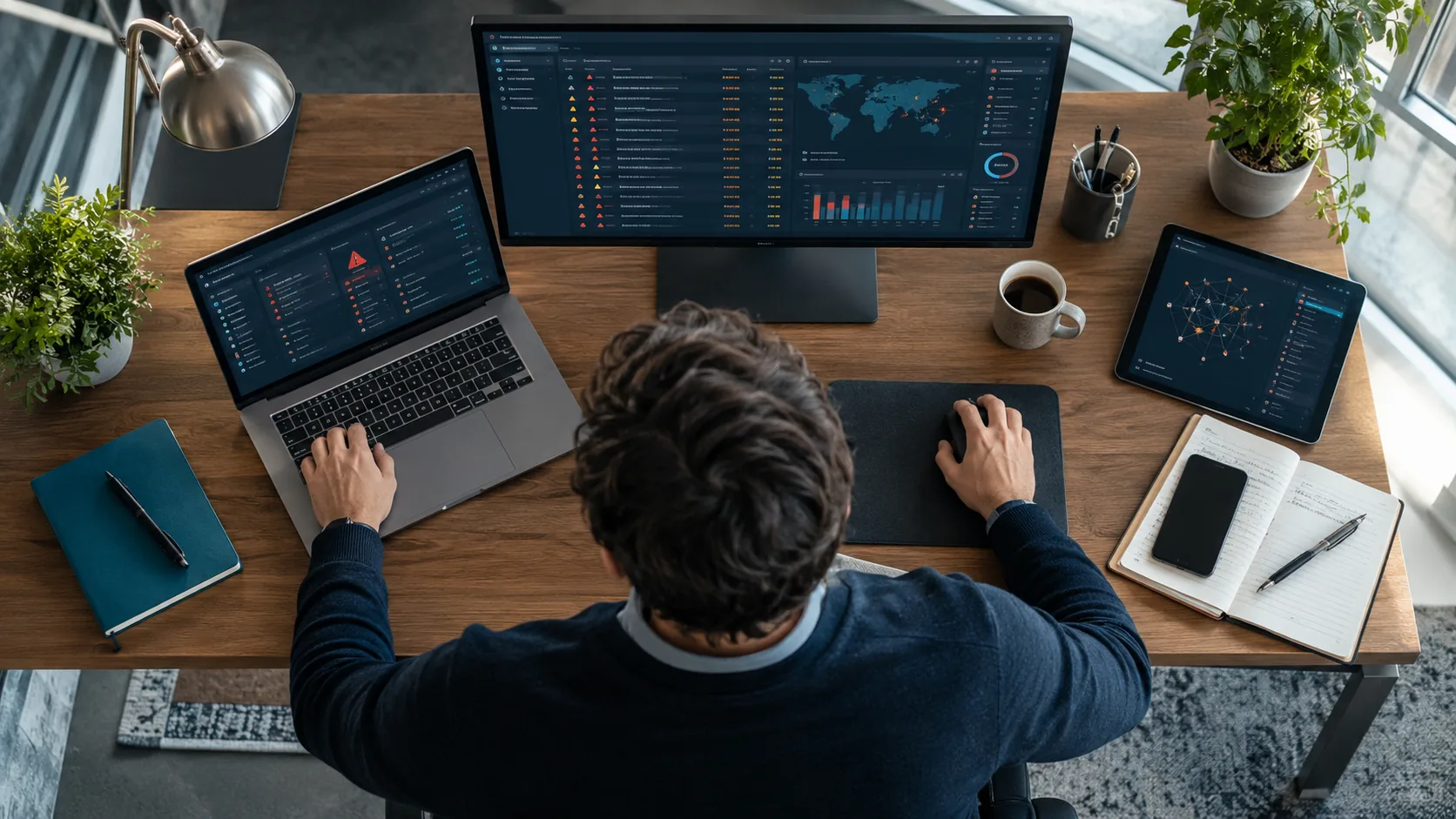 Cyber security analyst reviewing device alerts