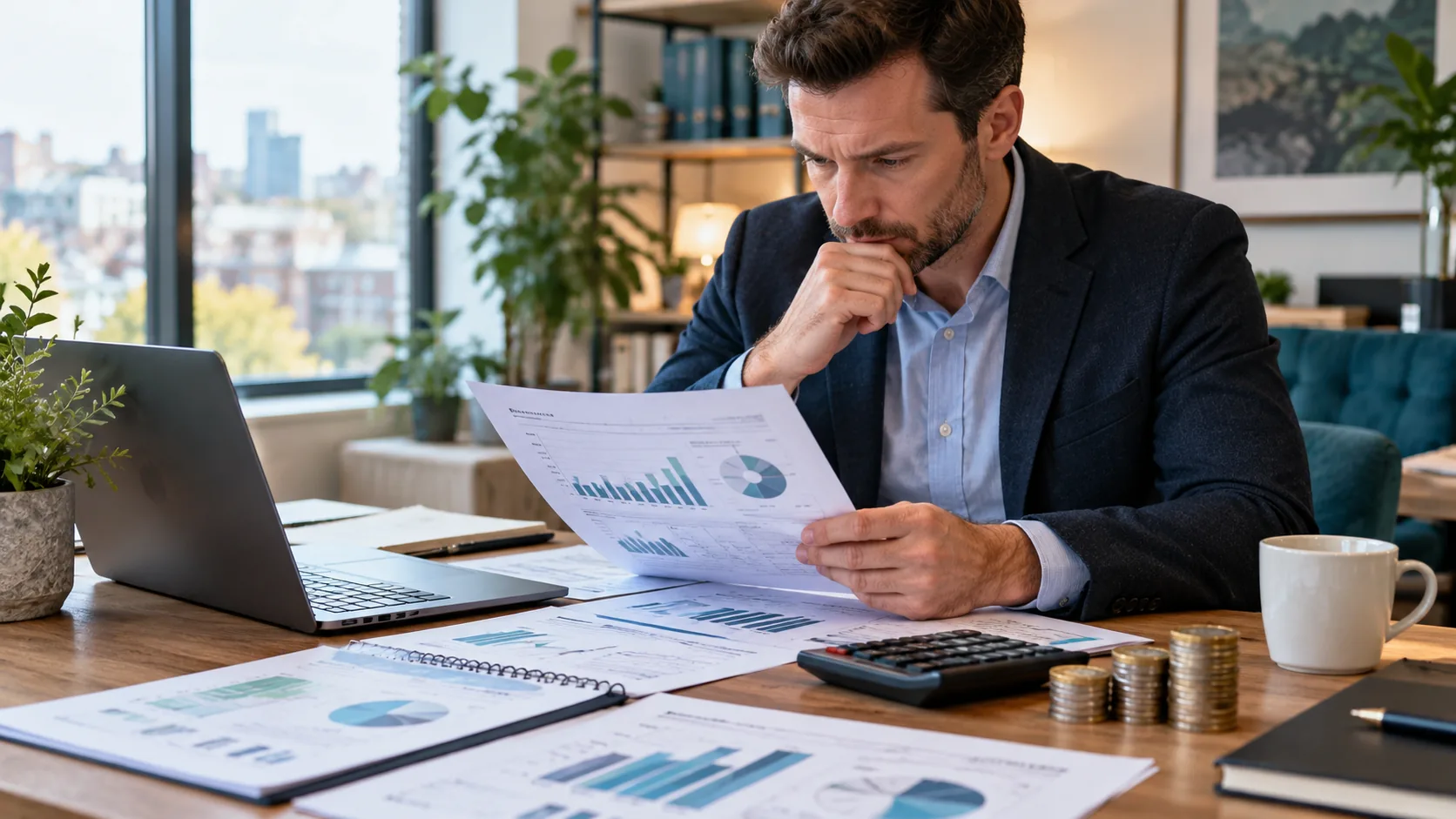 Business owner reviewing financial charts beside a calculator and pound coins
