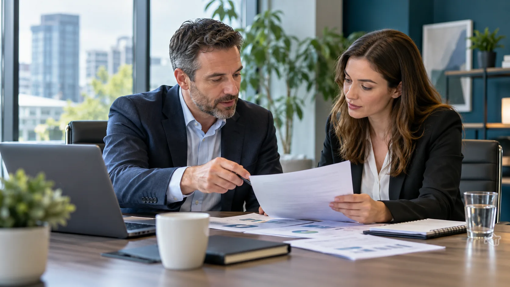 Two business professionals reviewing documents together