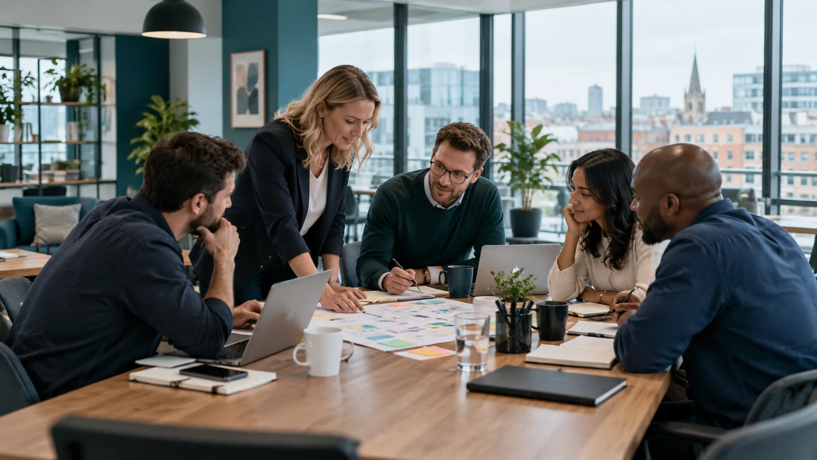 Business team planning a workflow together around a table