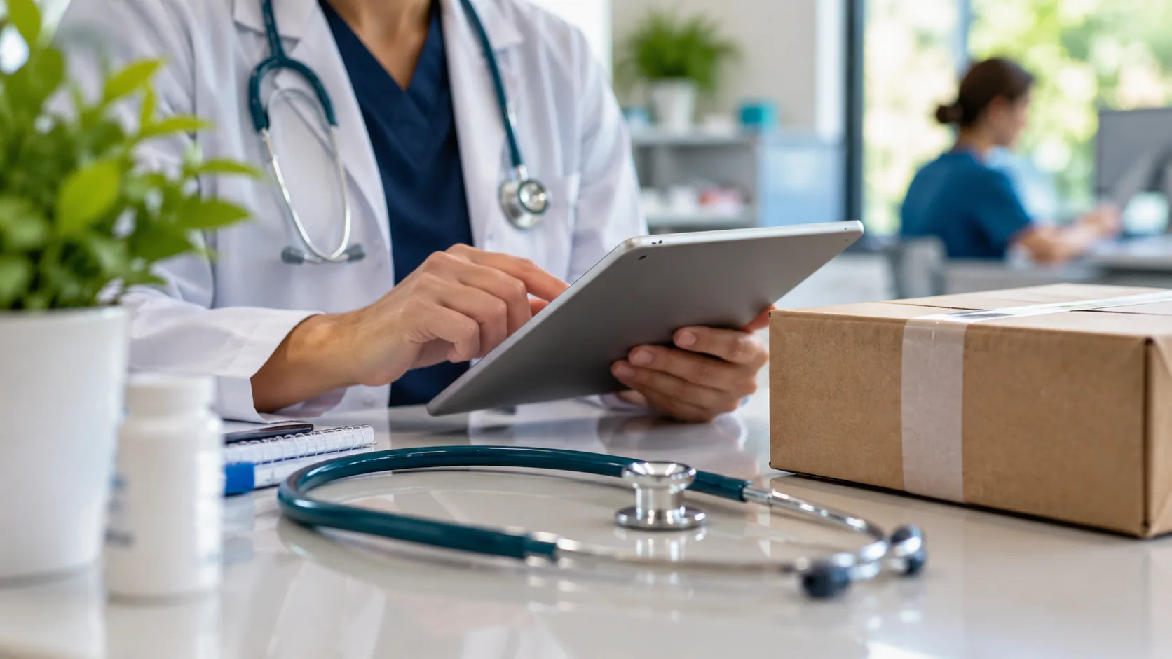 Tablet, stethoscope and parcel illustrating healthcare and ecommerce technology