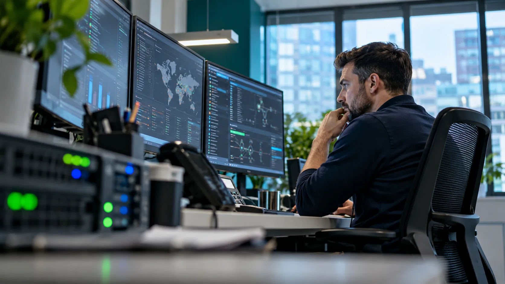 IT analyst reviewing network displays at a workstation