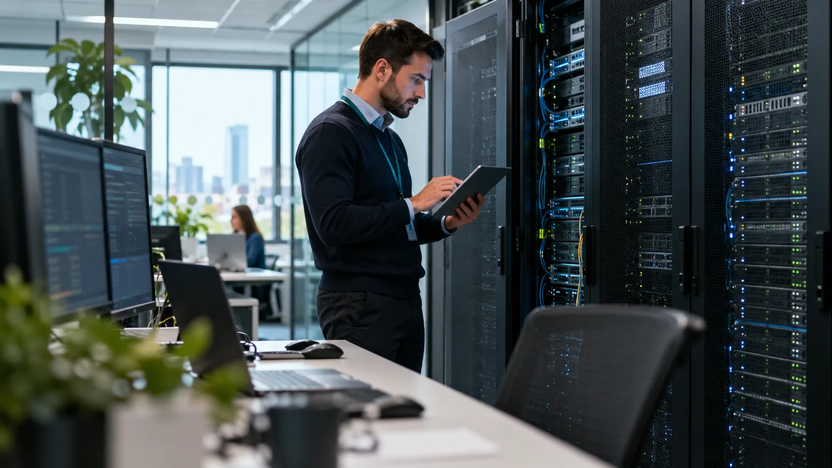 IT engineer using a tablet beside server racks