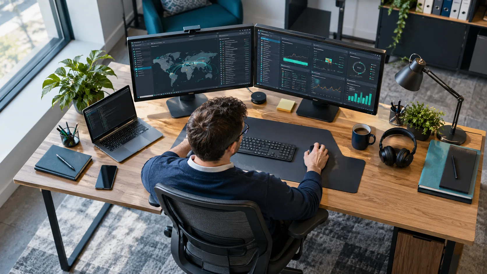 IT analyst reviewing network displays at a workstation