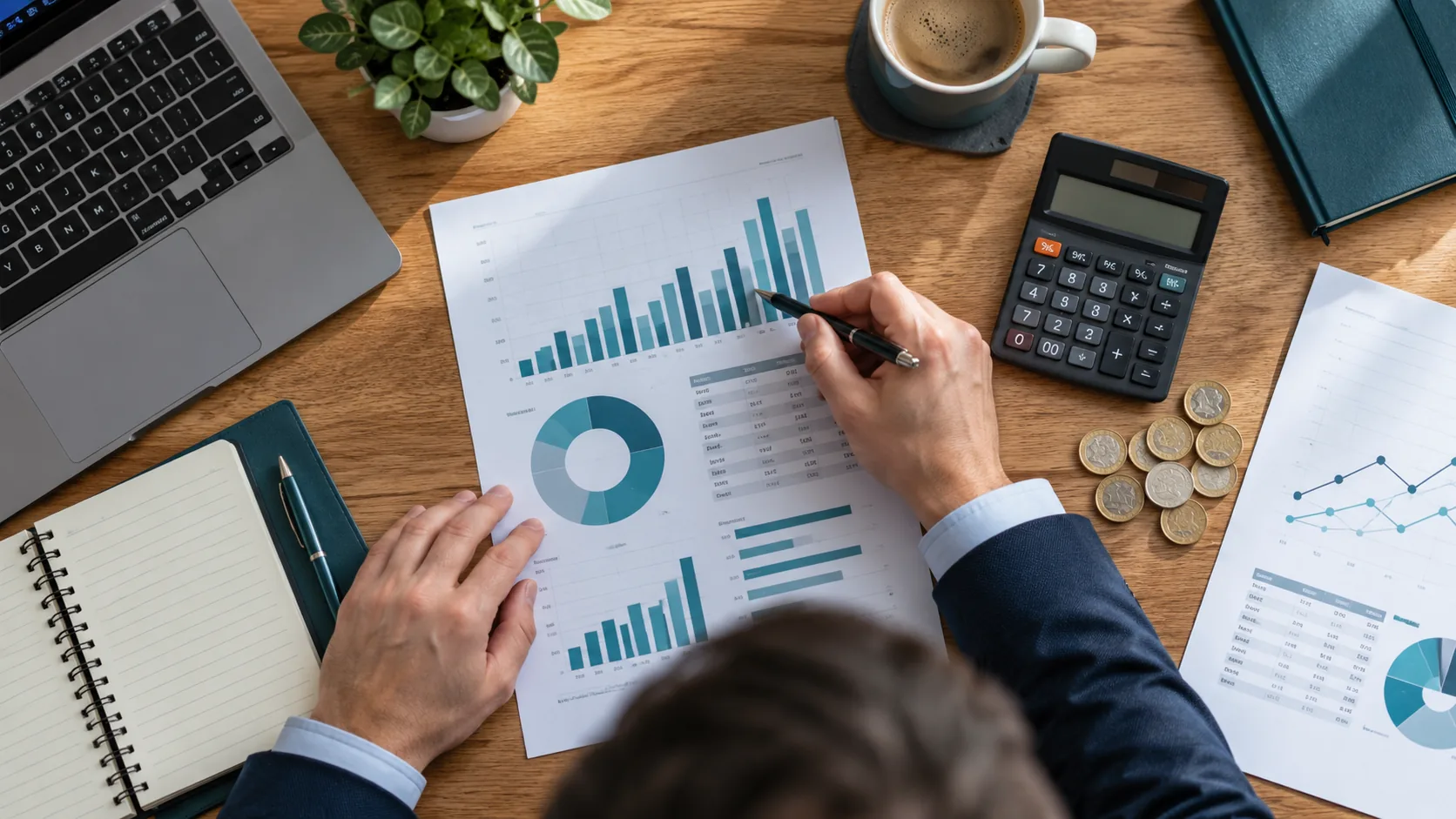 Business owner reviewing financial charts beside a calculator and pound coins