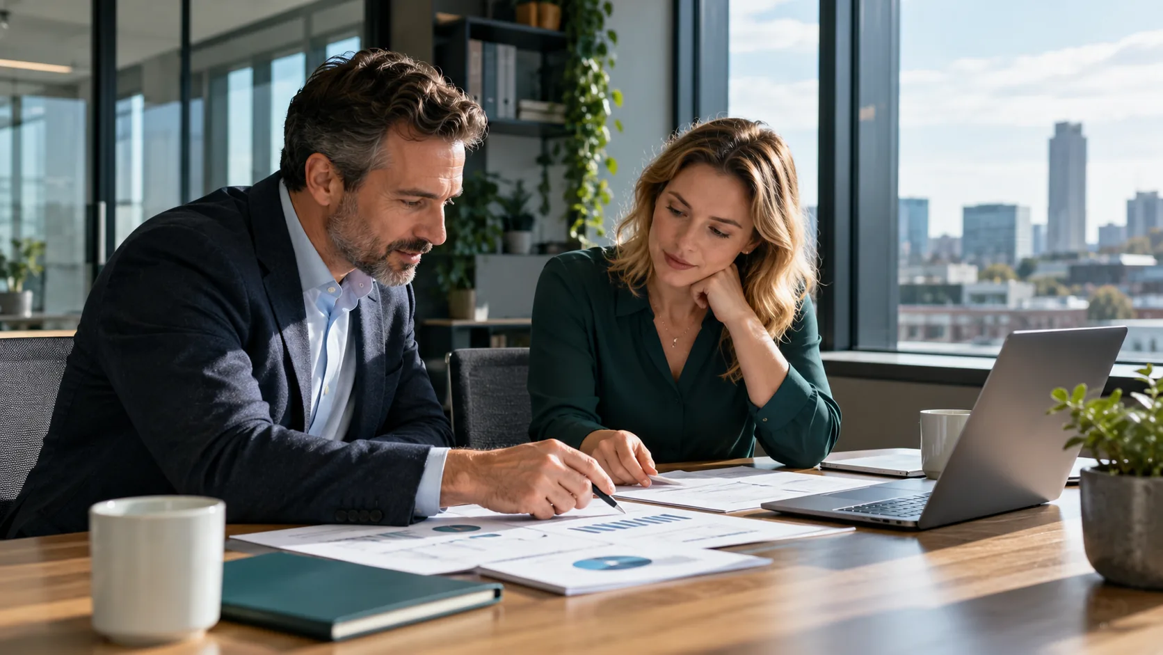 Two business professionals reviewing documents together