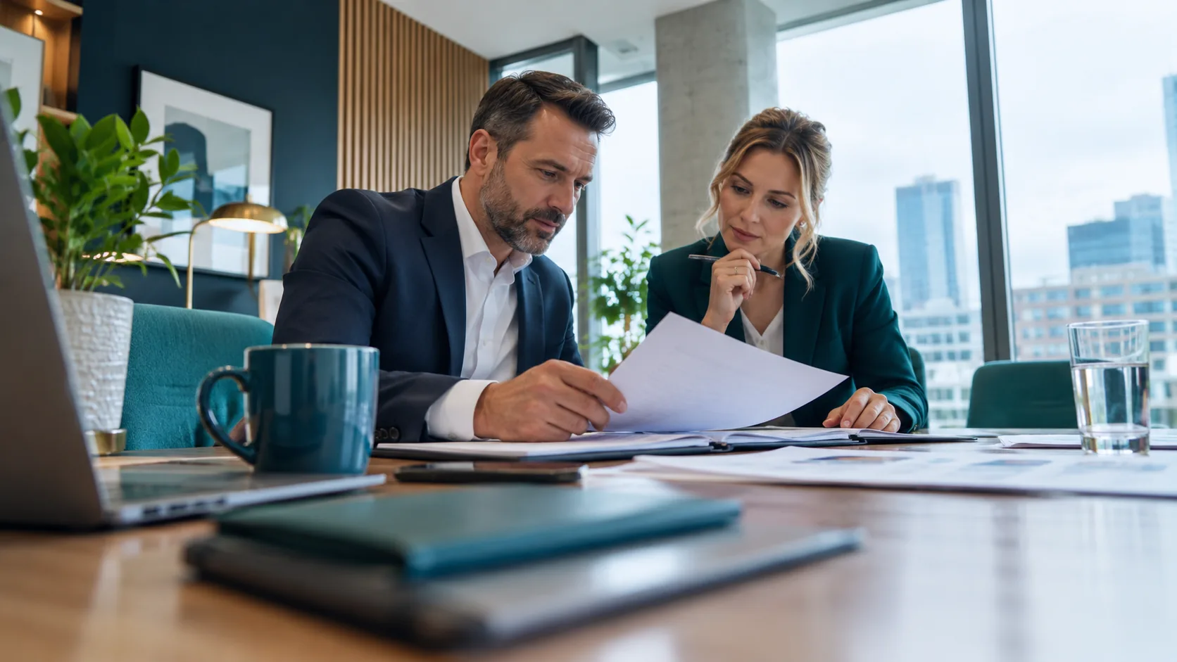 Two business professionals reviewing documents together