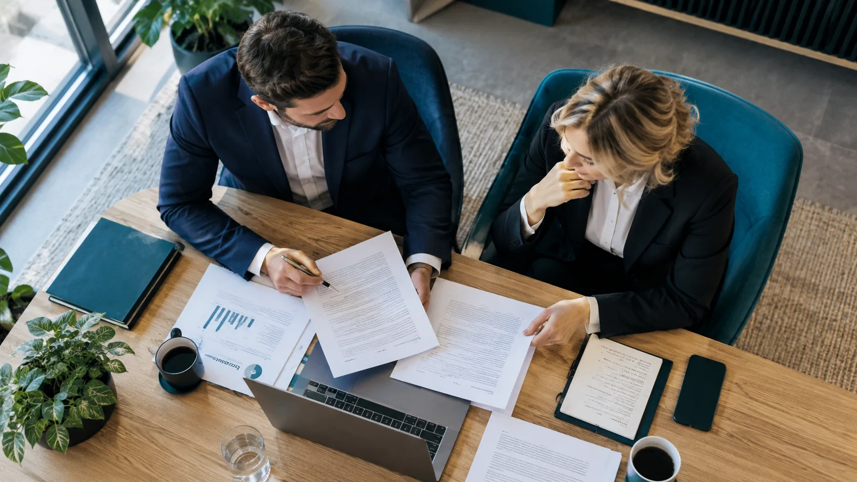 Two business professionals reviewing documents together