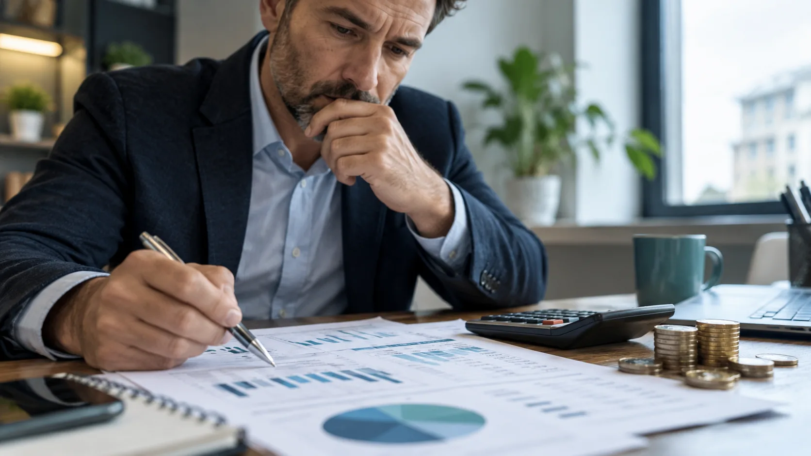 Business owner reviewing financial charts beside a calculator and pound coins