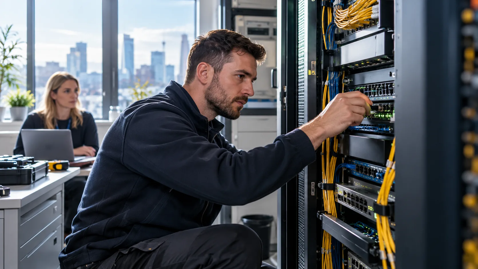 Engineer working on modern fibre network equipment