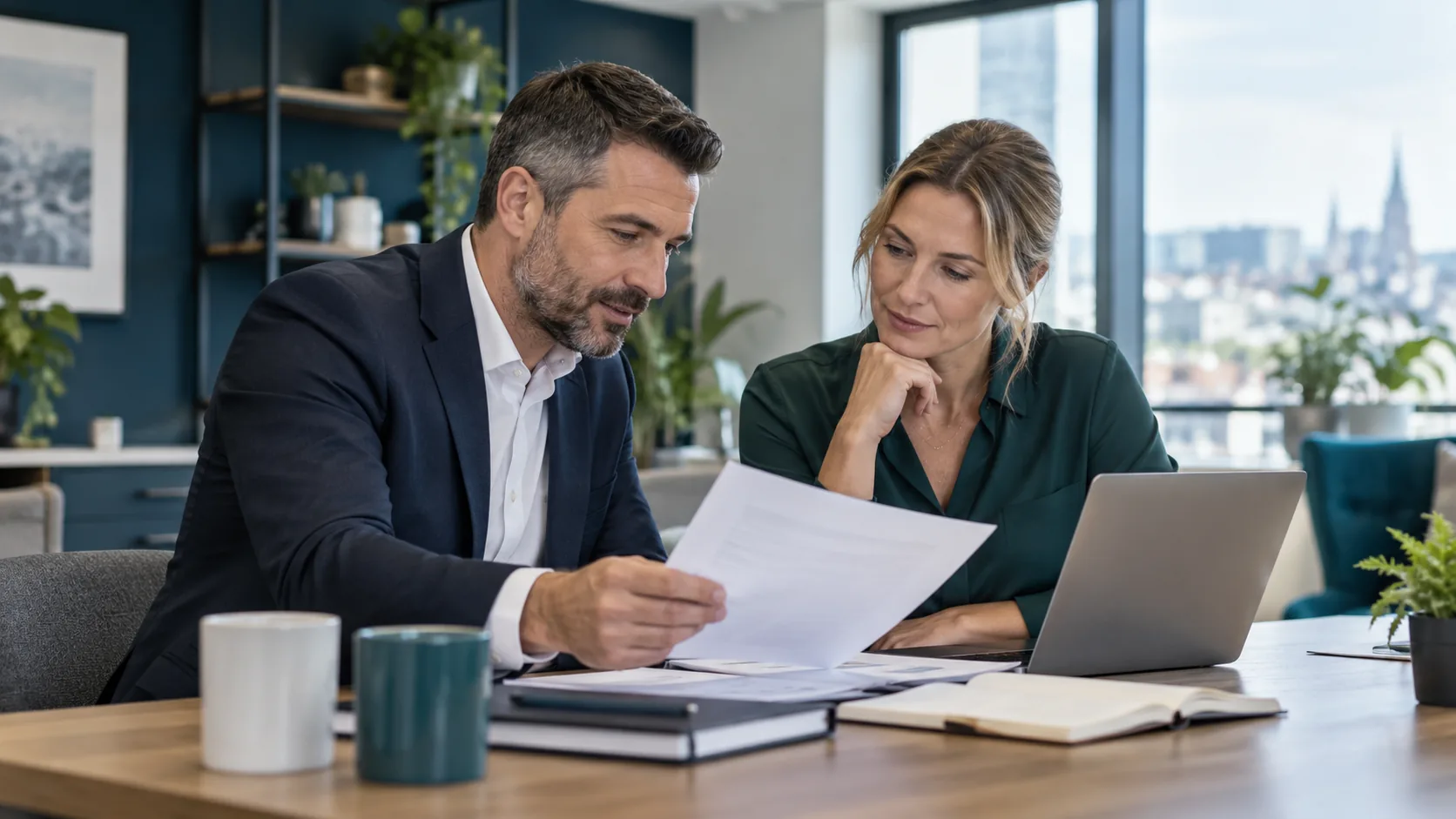 Two business professionals reviewing documents together