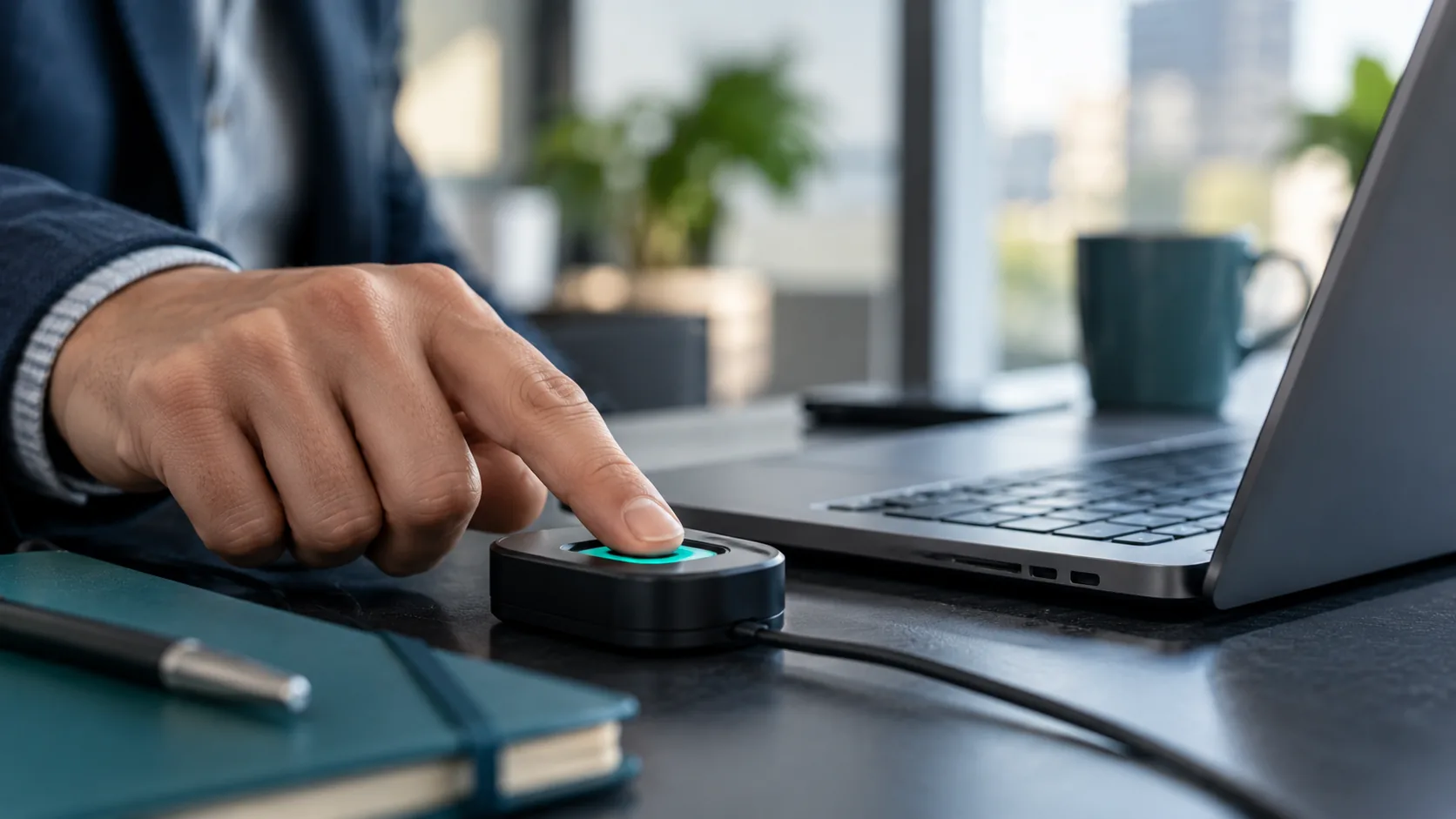 Employee using a fingerprint to approve a secure sign-in