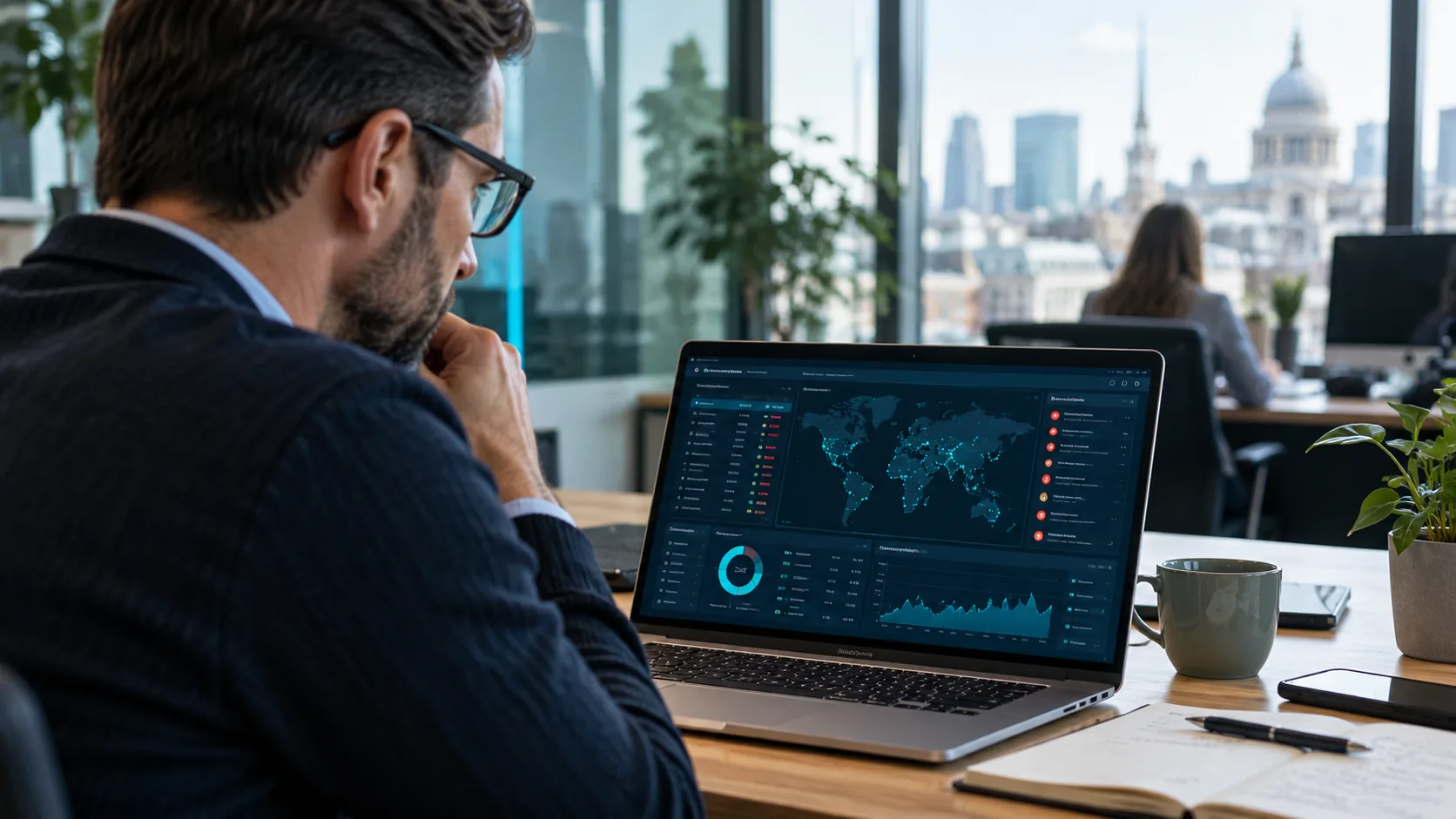 Cyber security monitoring dashboard on a laptop screen