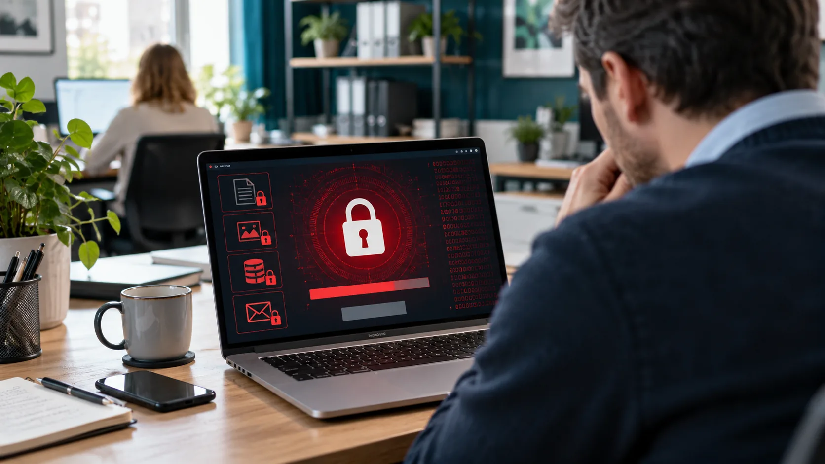 Business computer displaying a cyber security warning