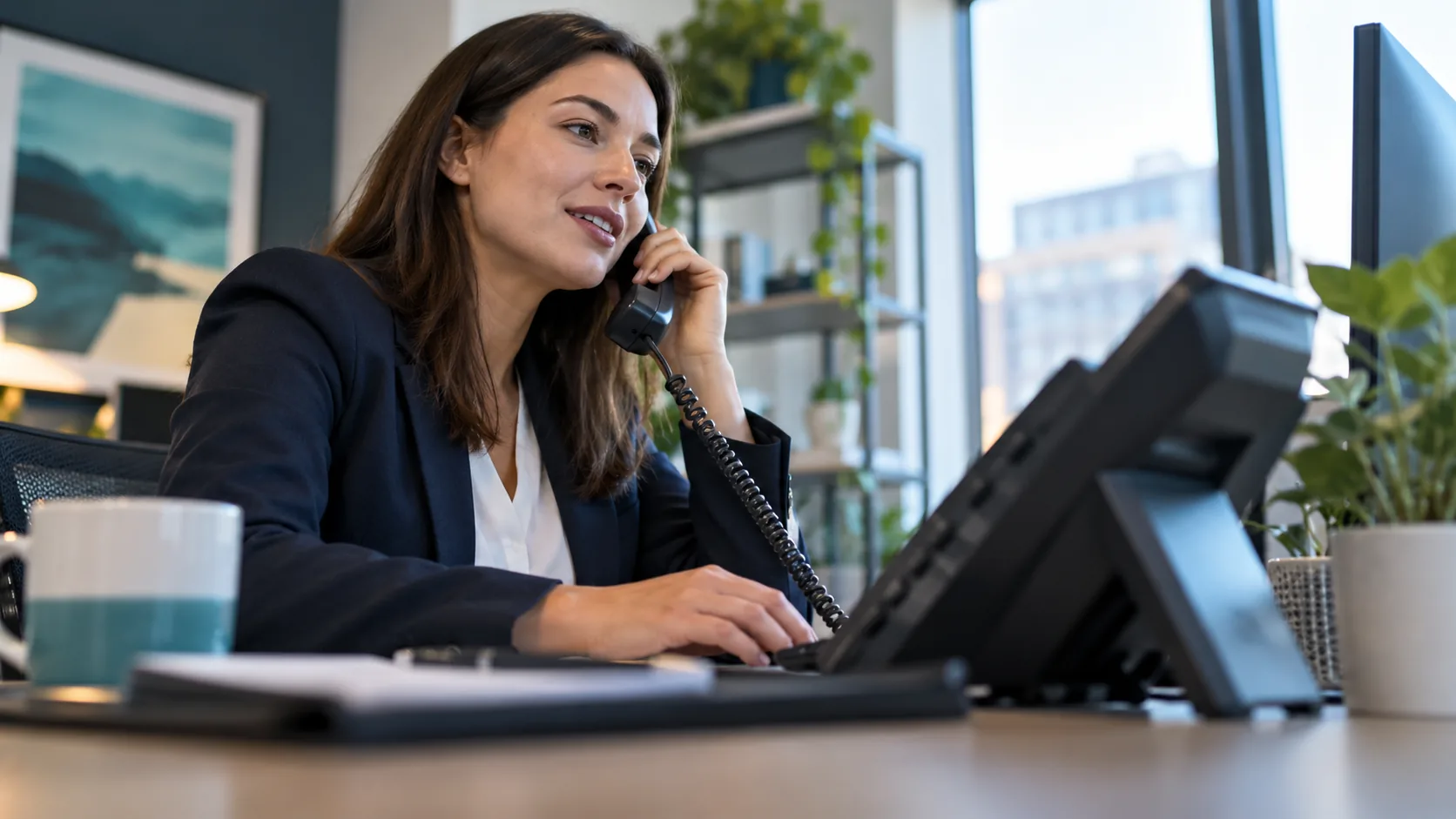 Business employee taking a call through a desk phone