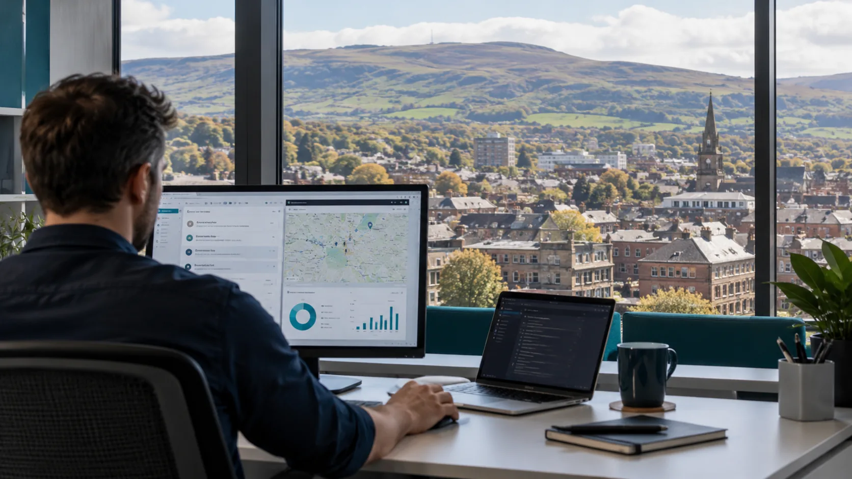 IT professional working at monitors beside a window overlooking a North West town